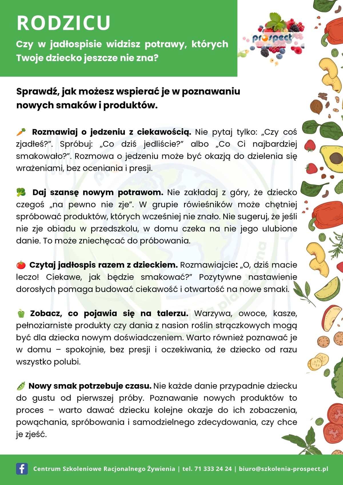 PLAKAT A4 RODZICU Czy w jadłospisie widzisz potrawy, których Twoje dziecko jeszcze nie zna od PROSPECT Centrum Szkoleniowe_page-0001