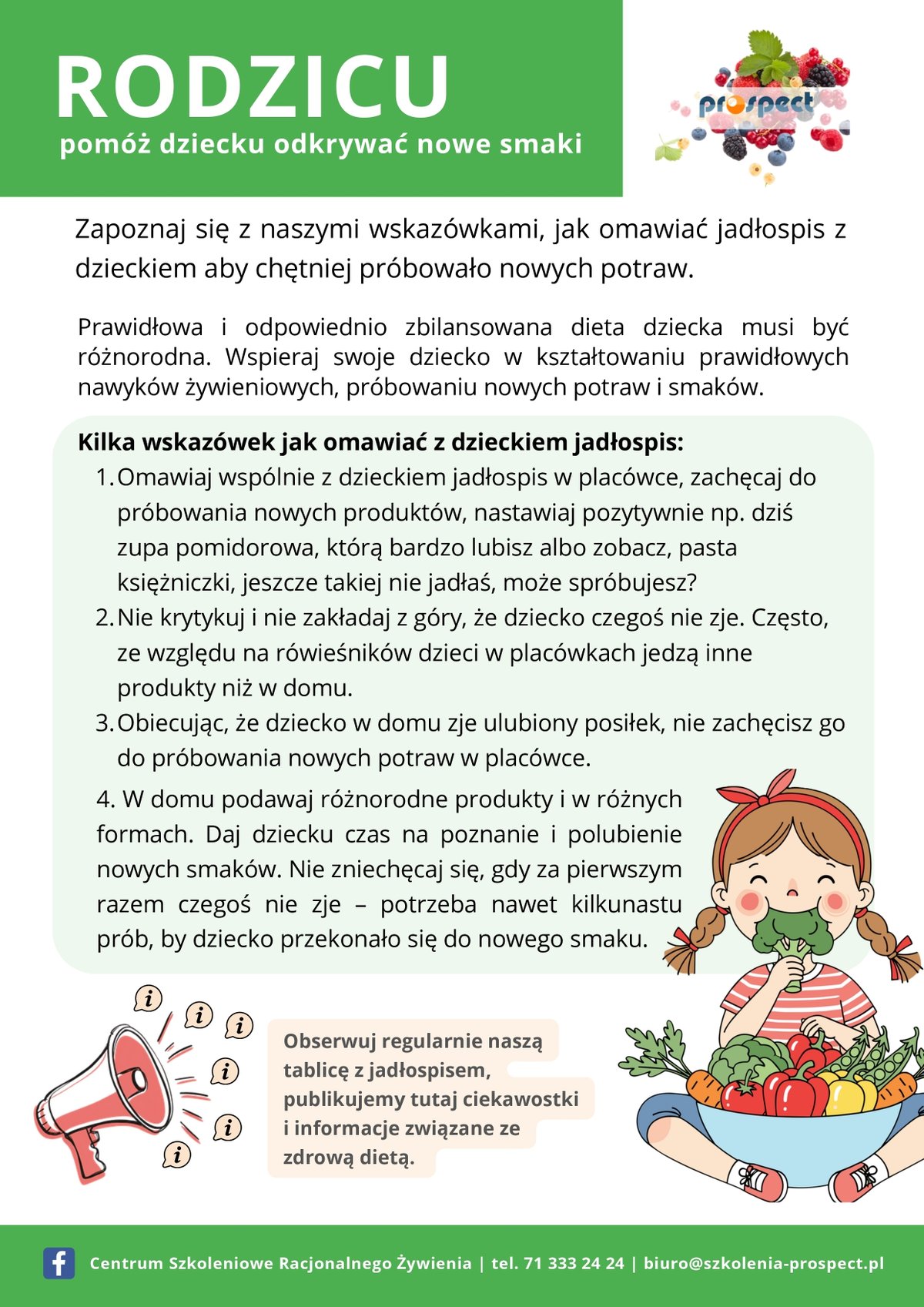 PLAKAT A4 RODZICU pomóż dziecku odkrywać nowe smaki - Jadłospis Wskazówki, jak omawiać jadłospis z dzieckiem od PROSPECT Centrum Szkoleniowe_page-0001